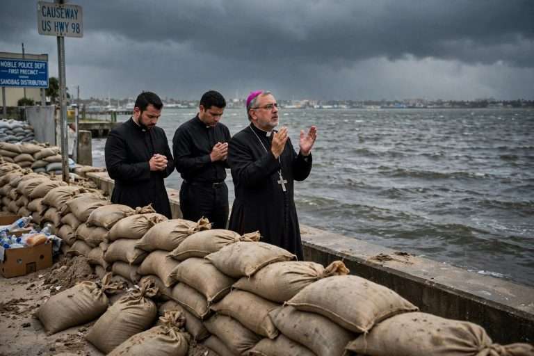 Illustration for the news story: Bare Shelves, Sandbags and a Prayer Over the Bay: Mobile and Baldwin Residents Brace for Hurricane Isaias