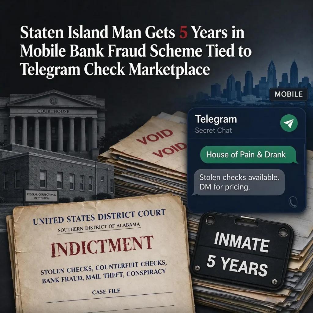 Federal court case file, stacks of voided checks and a phone messaging screen in front of a courthouse, under a headline about a five-year sentence