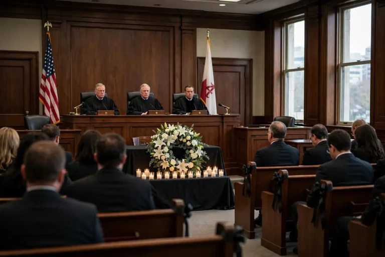 Empty wood-paneled ceremonial courtroom with judges' bench and rows of seating