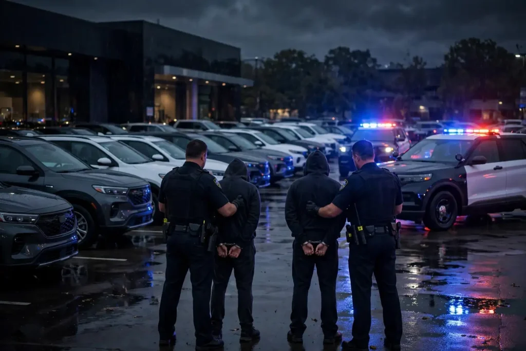 Rows of new vehicles parked on a car dealership lot under overhead lights at night