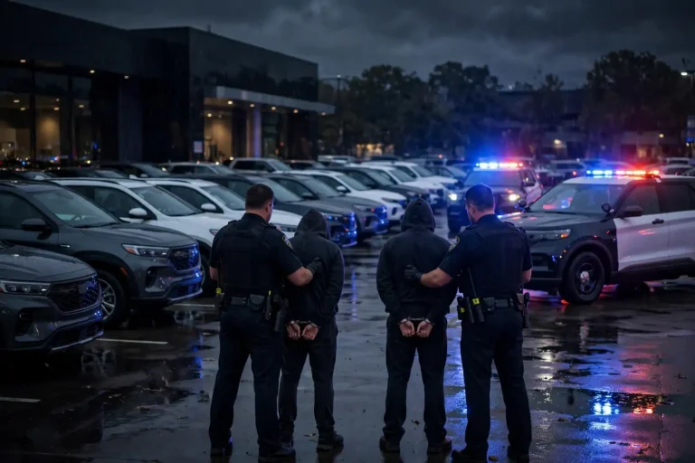 Rows of new vehicles parked on a car dealership lot under overhead lights at night