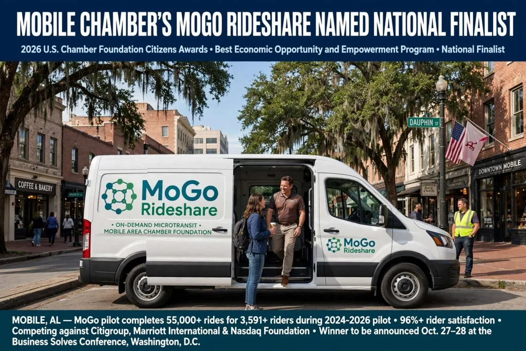 MoGo Rideshare van with open side door as riders board on a downtown Mobile street lined with live oaks