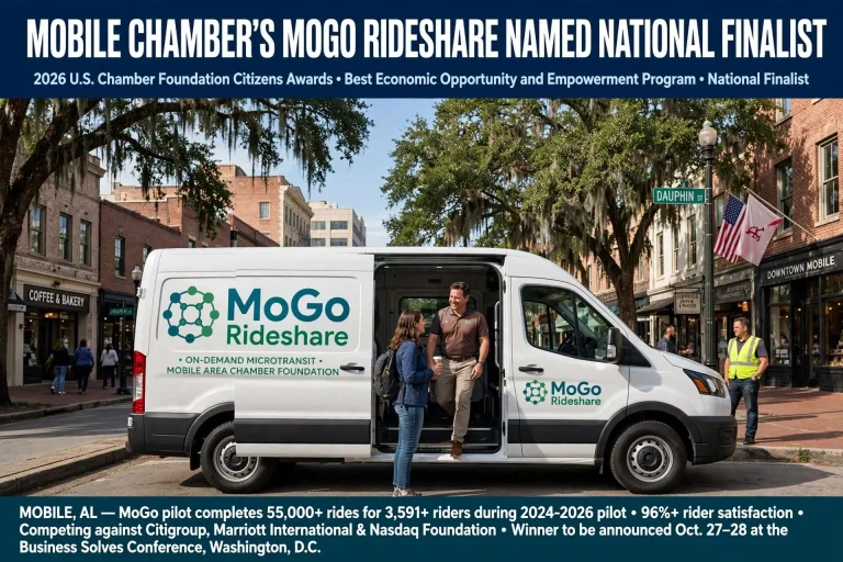 MoGo Rideshare van with open side door as riders board on a downtown Mobile street lined with live oaks