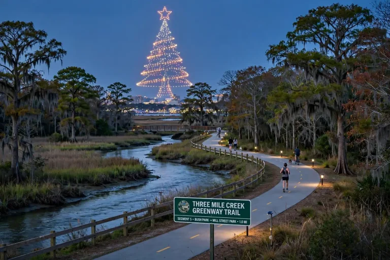 A paved greenway trail with walkers and cyclists winding along a tree-lined creek in Mobile, Alabama