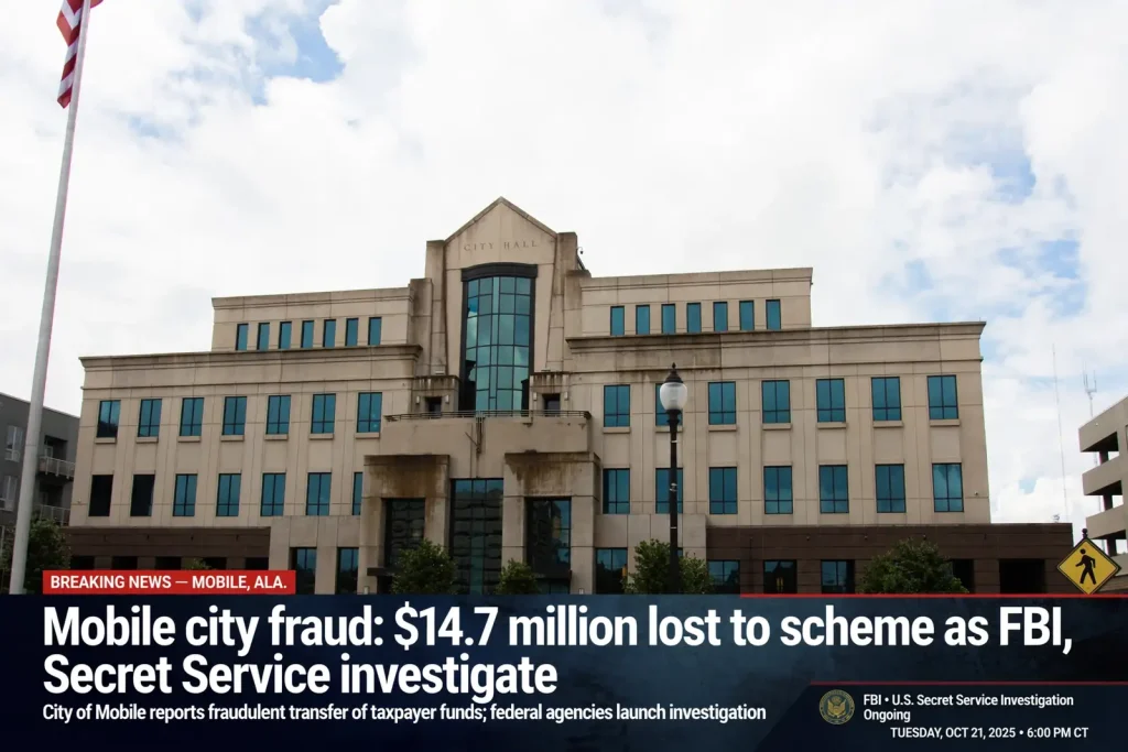 Mobile city government building under a cloudy sky with a news banner about the fraud investigation