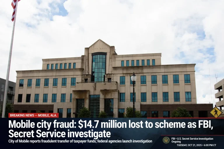 Mobile city government building under a cloudy sky with a news banner about the fraud investigation