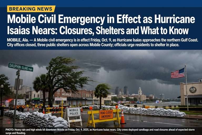 Illustration for the news story: Mobile Civil Emergency in Effect as Hurricane Isaias Nears: Closures, Shelters and What to Know
