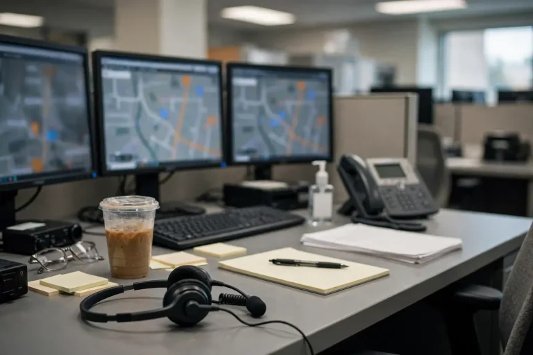 Emergency call-takers seated at computer consoles with headsets inside a 911 communications center