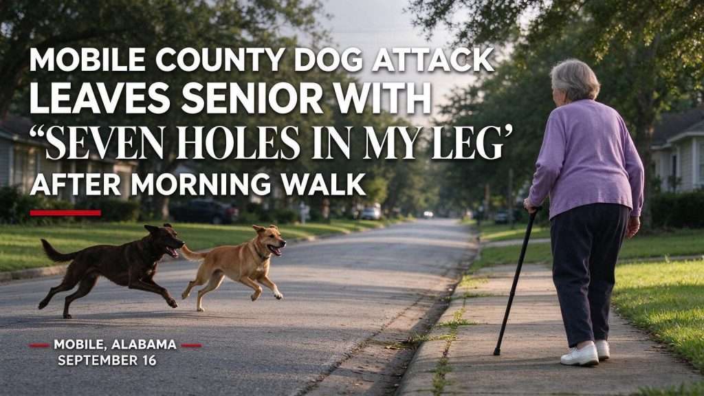 Illustration for the news story: Mobile County Dog Attack Leaves Senior With ‘Seven Holes in My Leg’ After Morning Walk