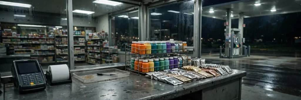 Rows of small unbranded supplement bottles and packets on a convenience store counter at night, illustrating unregulated gas station drugs