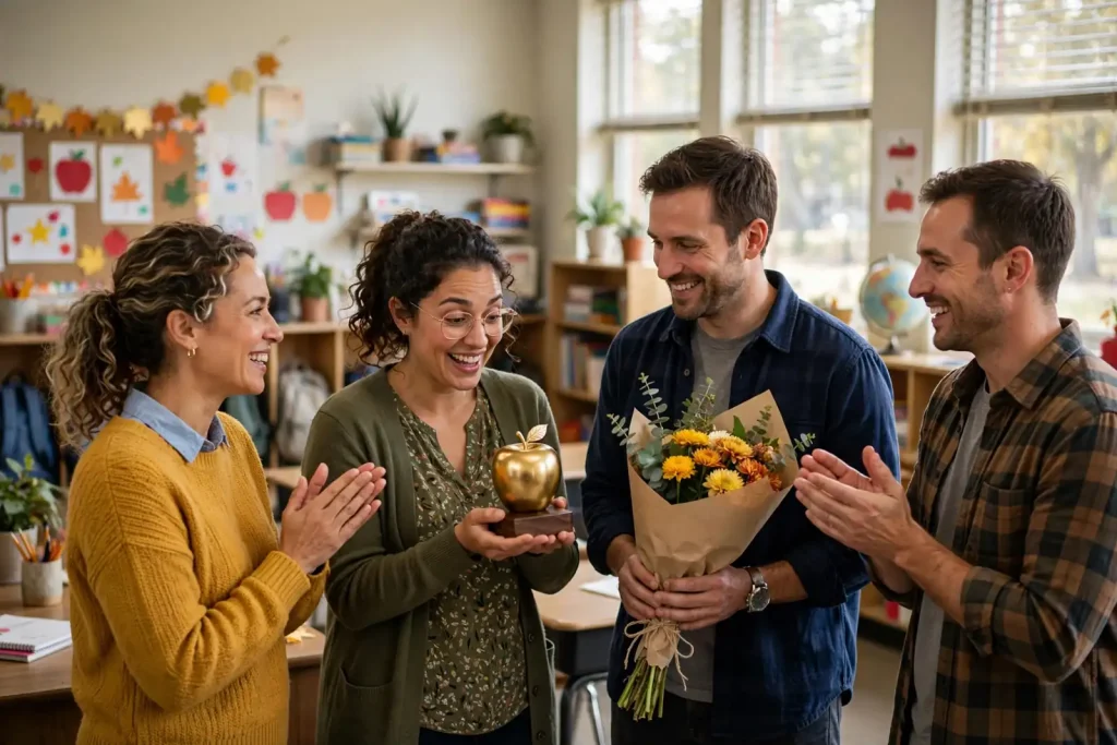 A smiling teacher holds a golden apple award as colleagues applaud in a decorated classroom, illustrating the Mobile County Golden Apple honors