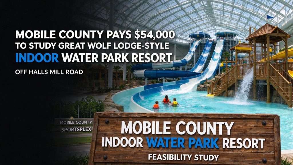 Illustration for the news story: Mobile County Pays $54,000 to Study Great Wolf Lodge-Style Indoor Water Park Resort Off Halls Mill Road
