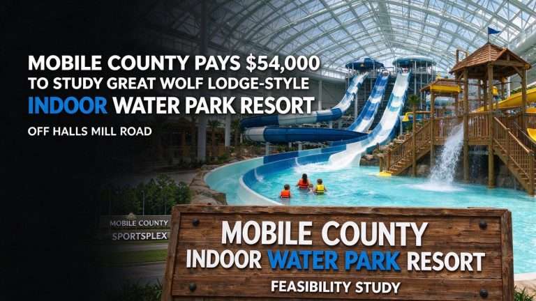 Illustration for the news story: Mobile County Pays $54,000 to Study Great Wolf Lodge-Style Indoor Water Park Resort Off Halls Mill Road