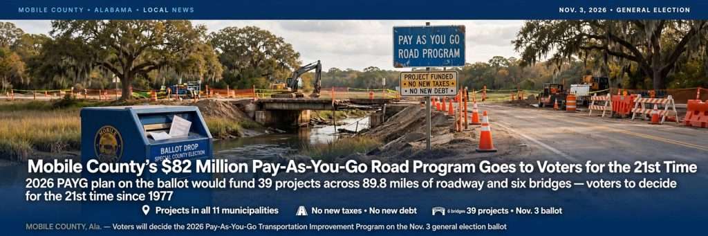 Illustration for the news story: Mobile County’s $82 Million Pay-As-You-Go Road Program Goes to Voters for the 21st Time