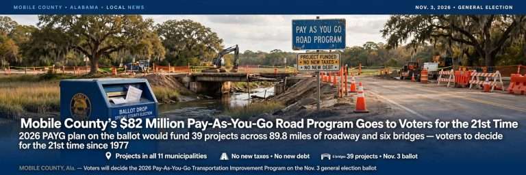 Illustration for the news story: Mobile County’s $82 Million Pay-As-You-Go Road Program Goes to Voters for the 21st Time