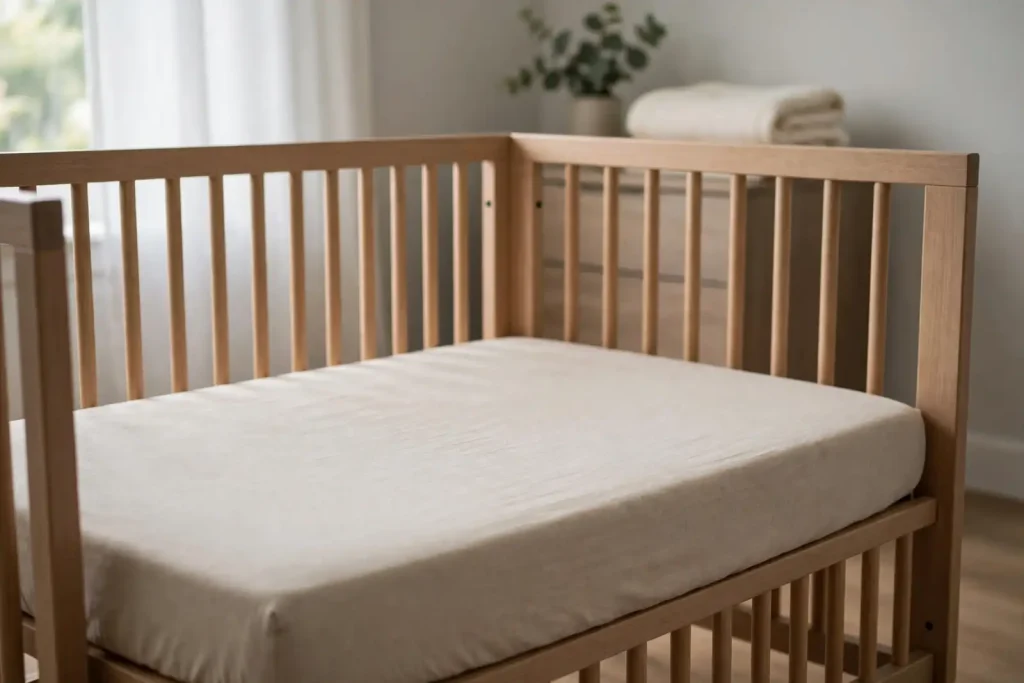 Infant sleeping on its back alone in a crib with a fitted sheet and no blankets or toys