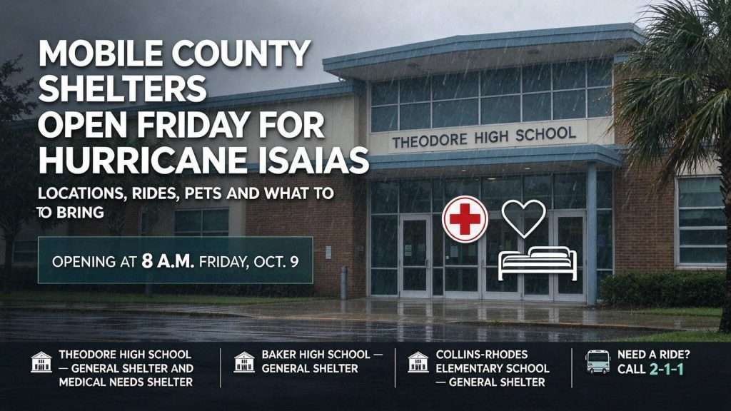 Illustration for the news story: Mobile County Shelters Open Friday for Hurricane Isaias: Locations, Rides, Pets and What to Bring