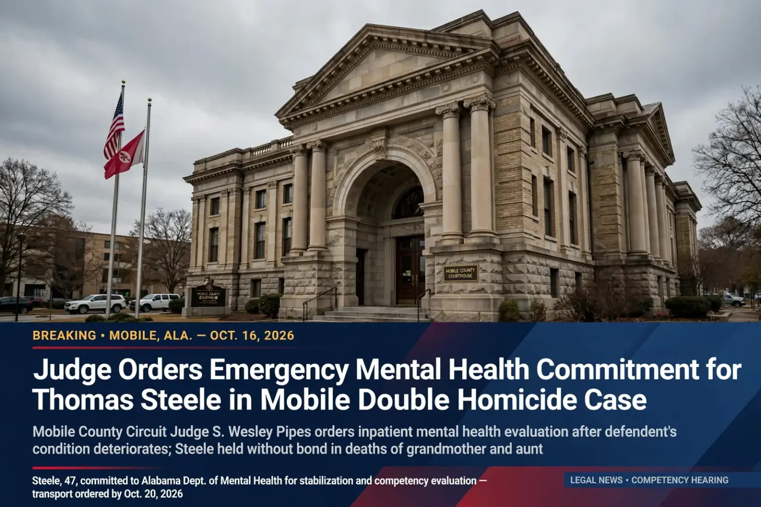 Exterior of a government courthouse building in Mobile, Alabama, under an overcast sky