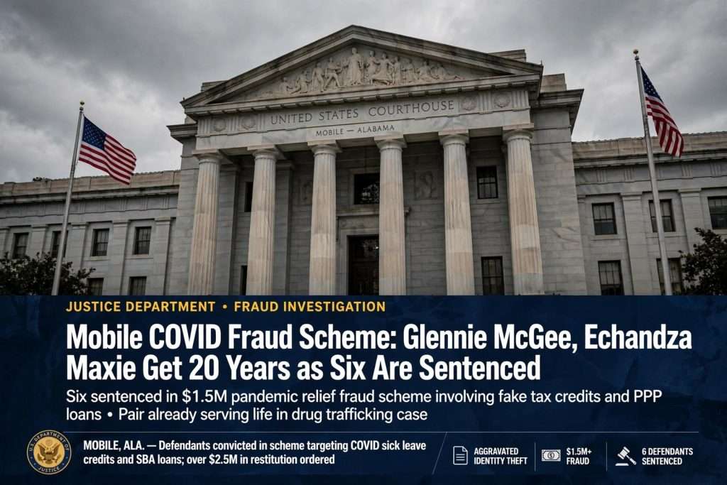 Illustration for the news story: Mobile COVID Fraud Scheme: Glennie McGee, Echandza Maxie Get 20 Years as Six Are Sentenced