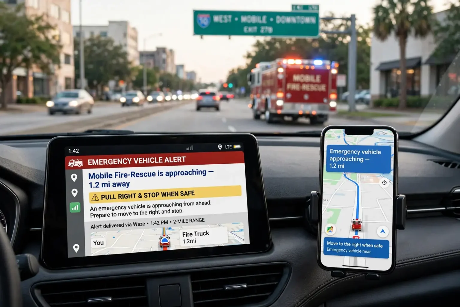 Car dashboard screen and phone displaying an emergency vehicle alert as a Mobile Fire-Rescue truck approaches