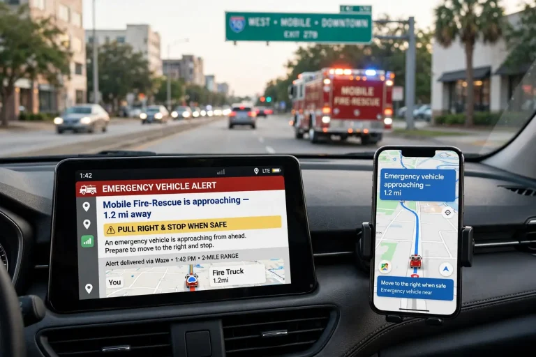 Car dashboard screen and phone displaying an emergency vehicle alert as a Mobile Fire-Rescue truck approaches