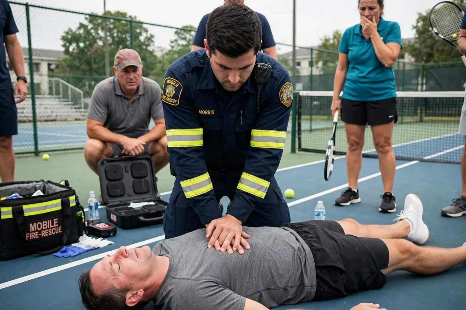Firefighter performing CPR on a man lying on a tennis court while players look on