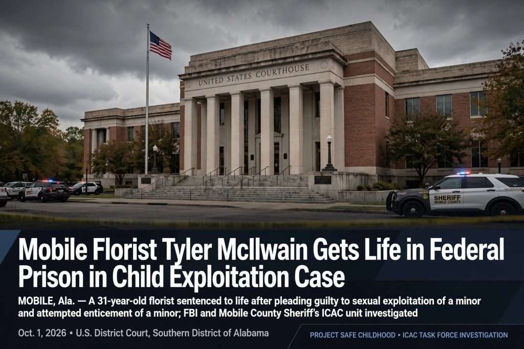 Illustration for the news story: Mobile Florist Tyler McIlwain Gets Life in Federal Prison in Child Exploitation Case