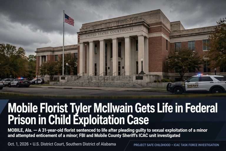 Illustration for the news story: Mobile Florist Tyler McIlwain Gets Life in Federal Prison in Child Exploitation Case