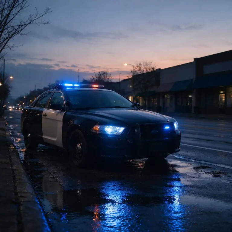 Police patrol car with blue lights on a wet commercial street at dusk