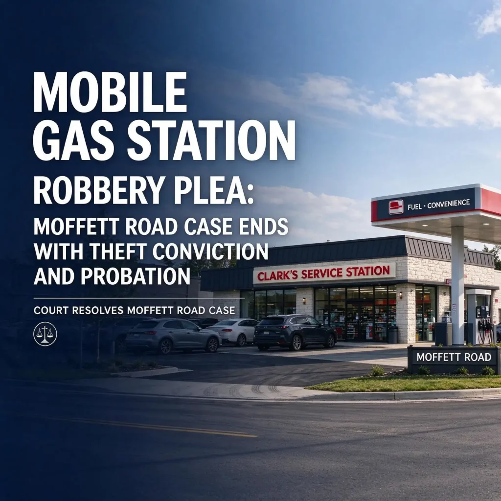 Gas station convenience store with parked cars and a Moffett Road sign, beside a headline about the robbery plea case
