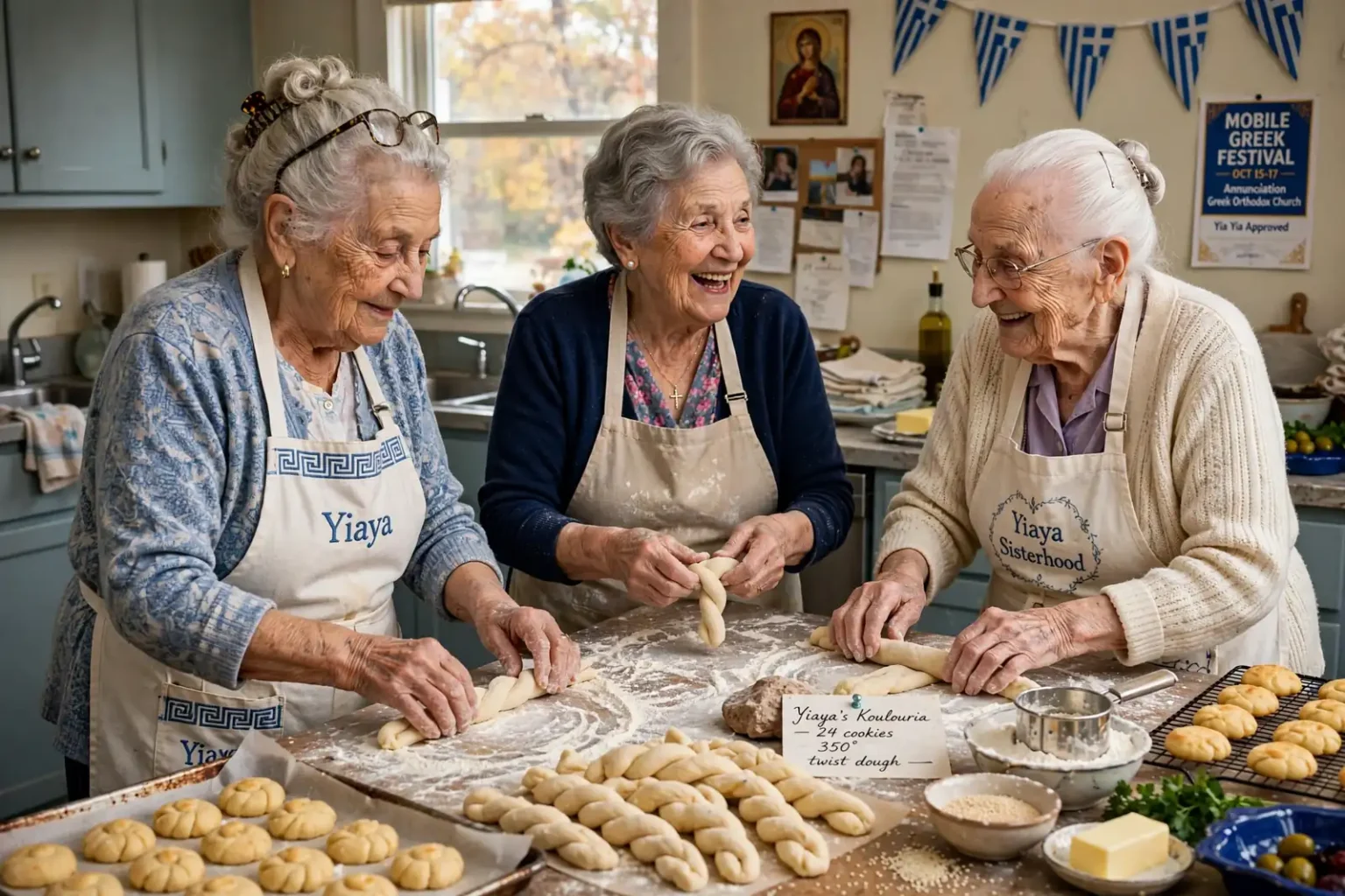 Hands twisting ropes of cookie dough into koulourakia on a floured kitchen counter