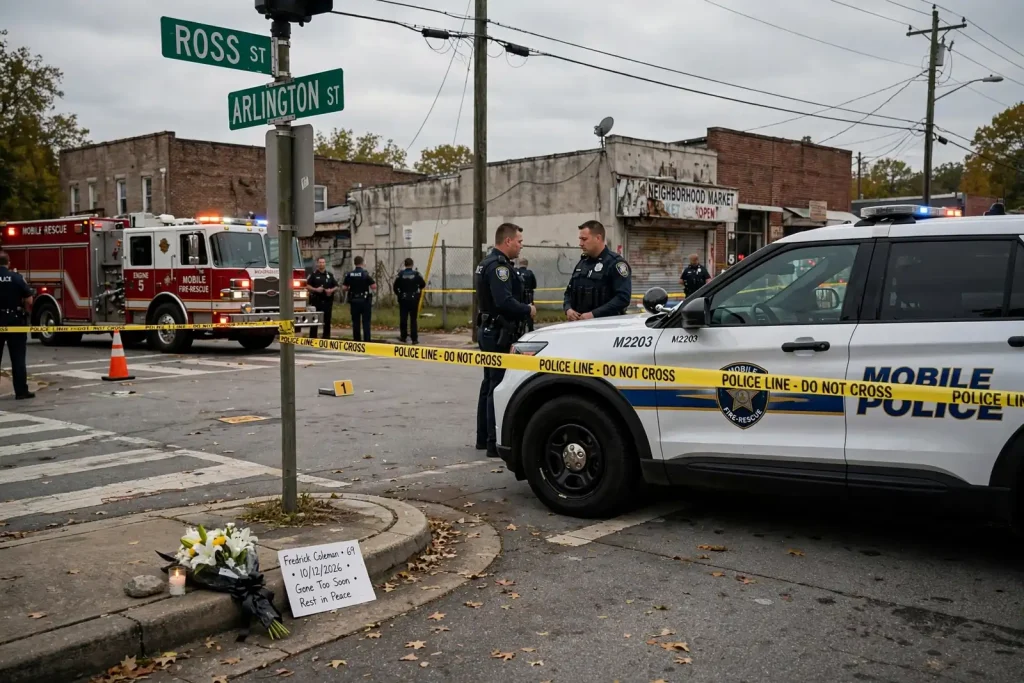 Police tape and a patrol car at a residential intersection in Mobile, Alabama, during a crash investigation