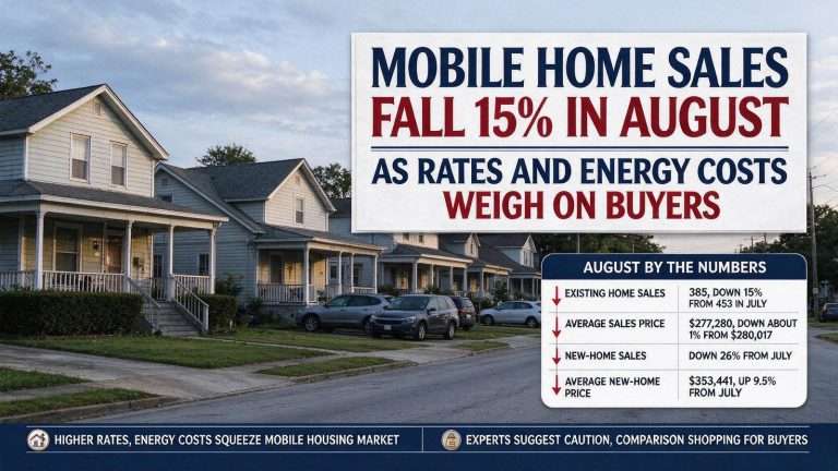 Illustration for the news story: Mobile Home Sales Fall 15% in August as Rates and Energy Costs Weigh on Buyers