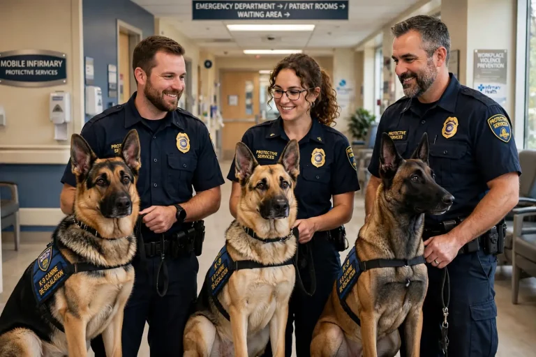 Mobile Infirmary canine teams: a German shepherd sitting beside a hospital security officer
