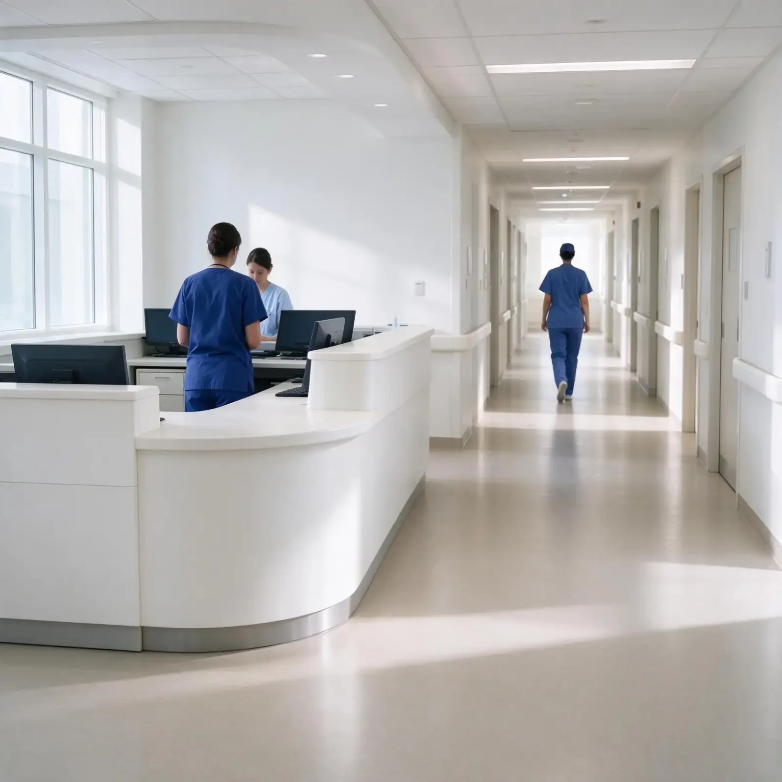 Nurses' station in a modern hospital corridor representing nursing leadership at Mobile Infirmary