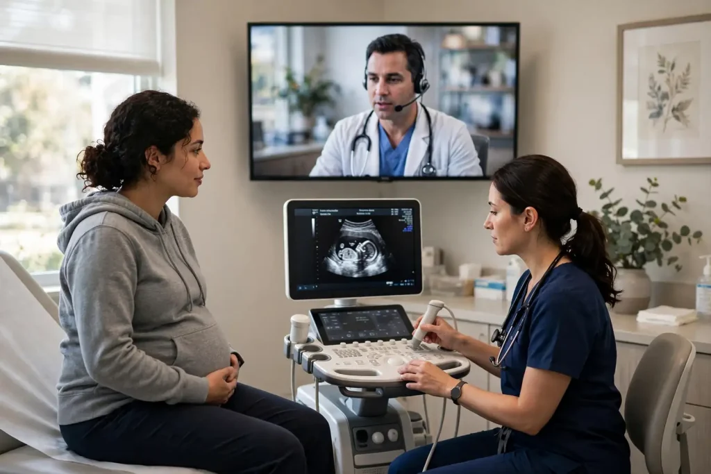 A pregnant patient in a clinic exam room speaking with a specialist on a telemedicine video screen while a sonographer prepares an ultrasound