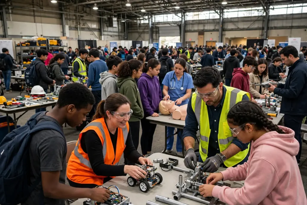 Middle school students talking with industry professionals at exhibit booths during a career exploration event in a large event hall