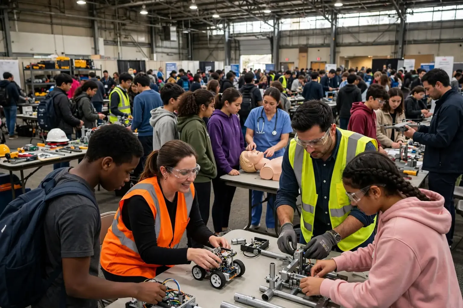 Middle school students talking with industry professionals at exhibit booths during a career exploration event in a large event hall
