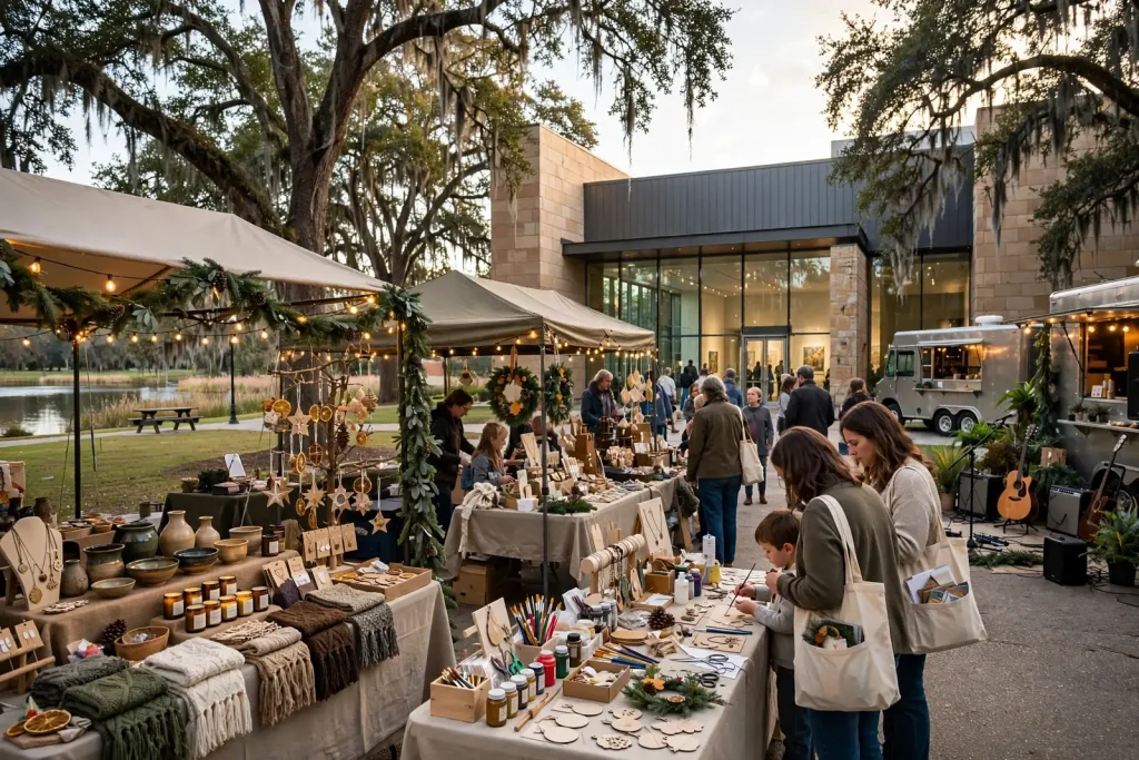 Shoppers browsing handmade gifts at artisan tables in a museum lobby decorated for the holidays
