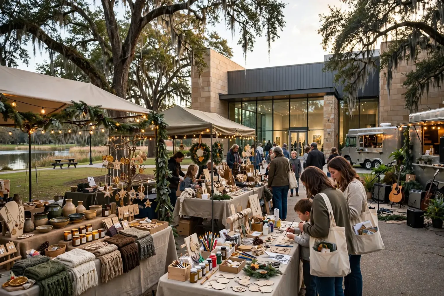 Shoppers browsing handmade gifts at artisan tables in a museum lobby decorated for the holidays
