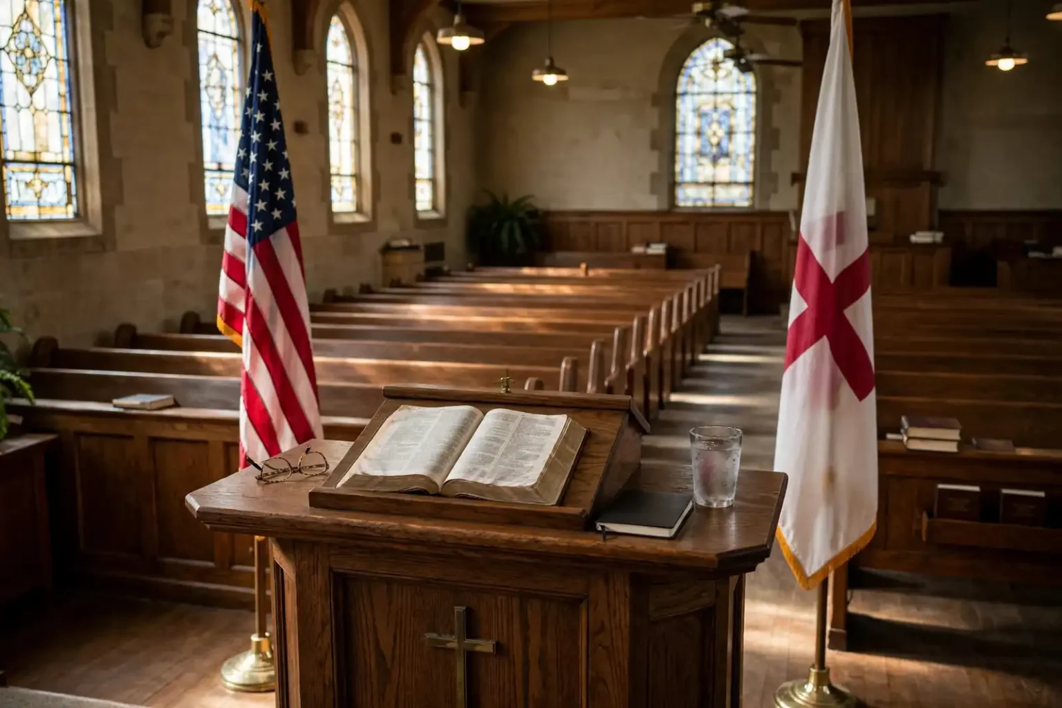Empty wooden church pews facing a pulpit inside a sanctuary