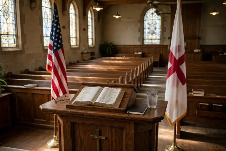 Empty wooden church pews facing a pulpit inside a sanctuary
