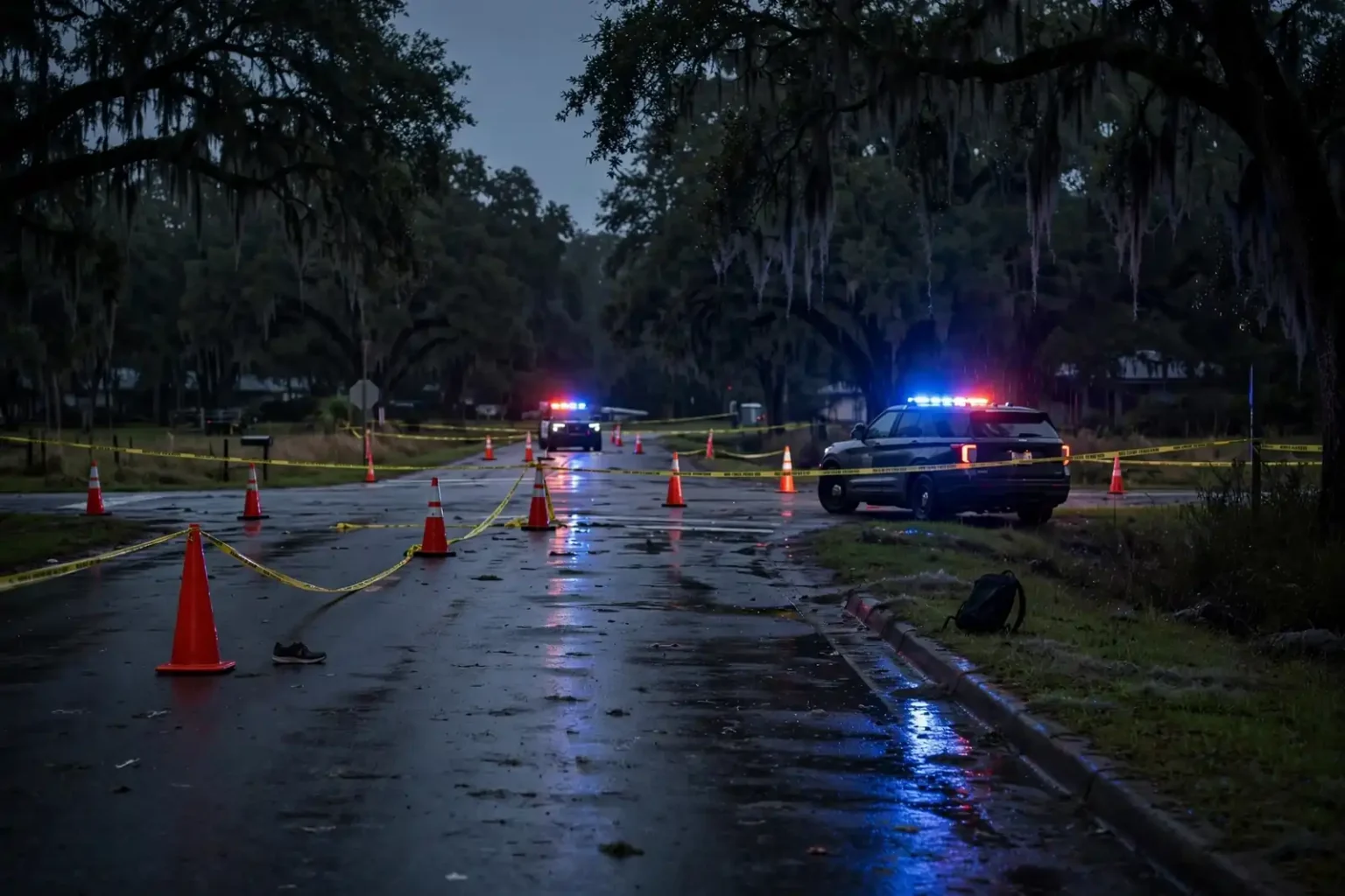 Police lights and crime scene tape at a roadside crash scene at night