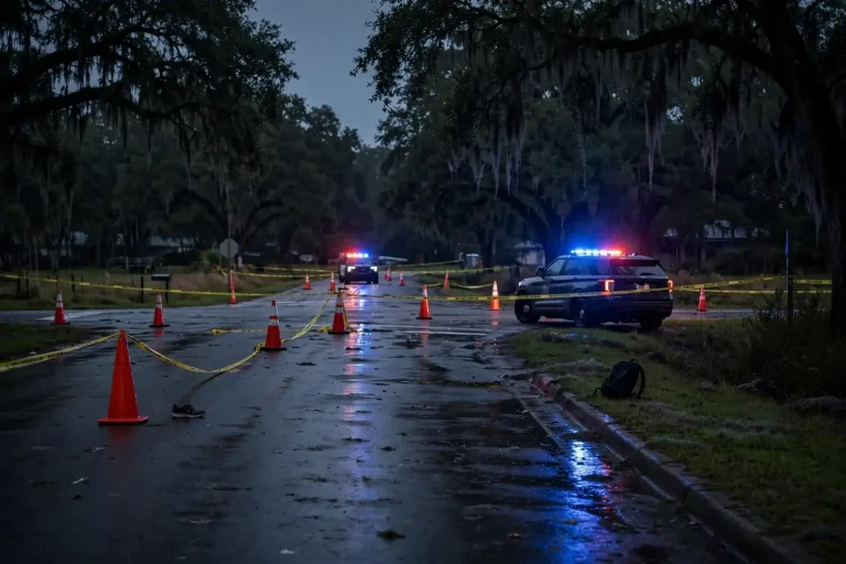 Police lights and crime scene tape at a roadside crash scene at night