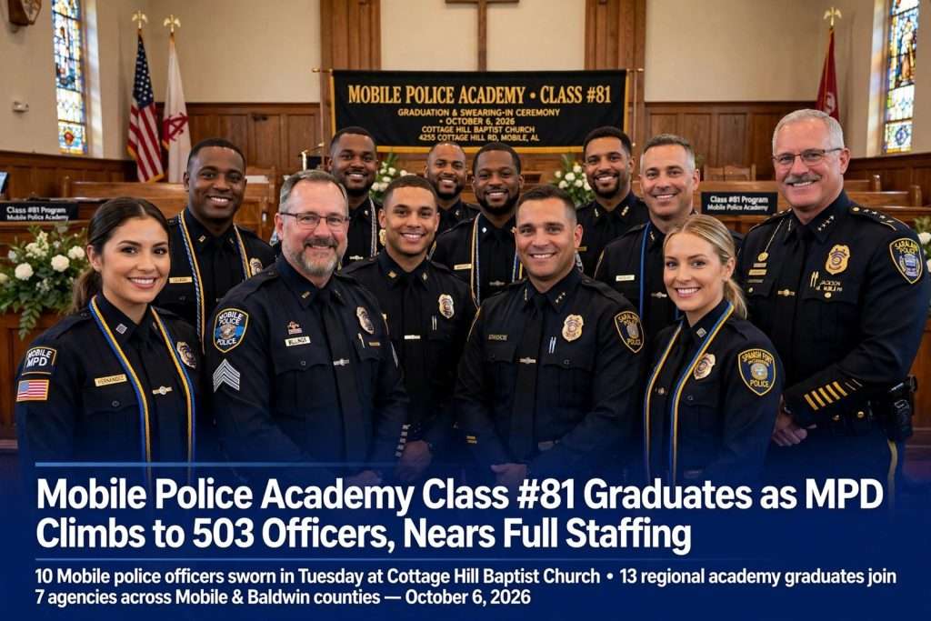Illustration for the news story: Mobile Police Academy Class #81 Graduates as MPD Climbs to 503 Officers, Nears Full Staffing