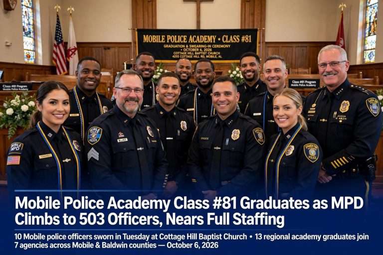 Illustration for the news story: Mobile Police Academy Class #81 Graduates as MPD Climbs to 503 Officers, Nears Full Staffing