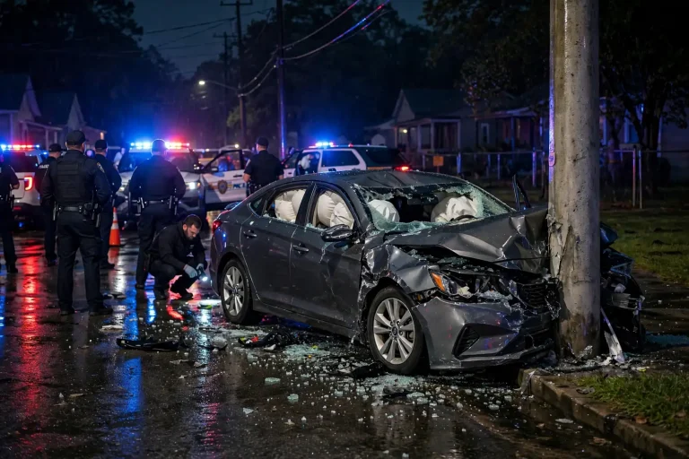 Police crime scene tape stretched across a residential street at night with patrol car lights in the background