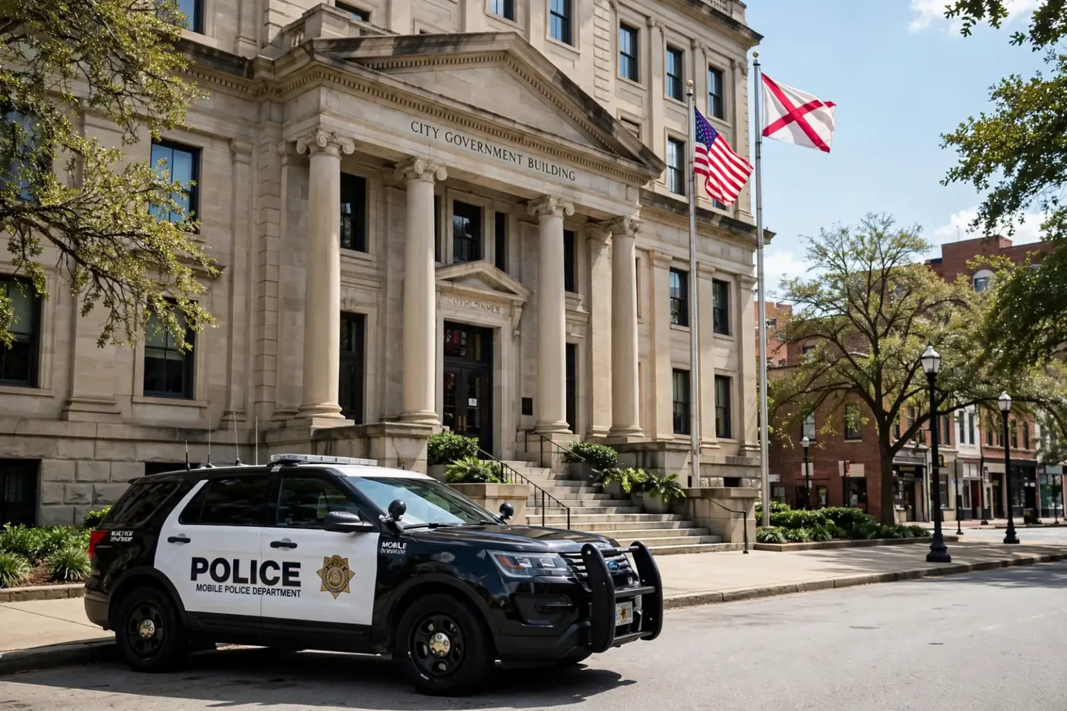 Mobile Police Department patrol SUV parked in front of a columned downtown government building