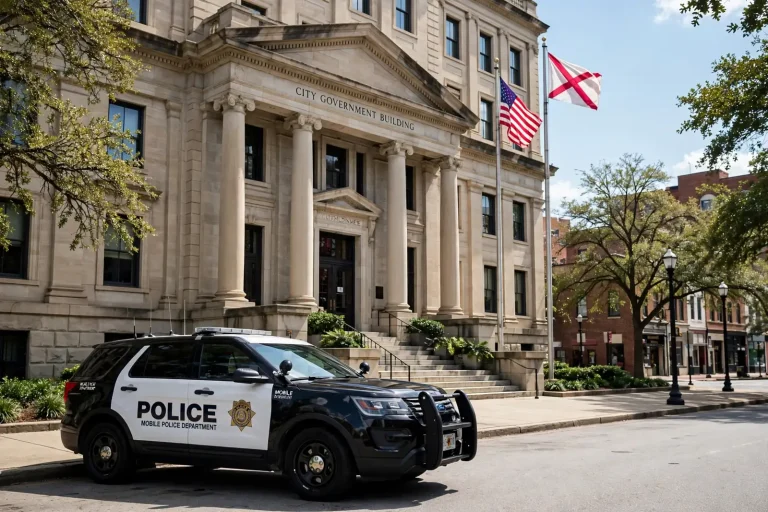 Mobile Police Department patrol SUV parked in front of a columned downtown government building
