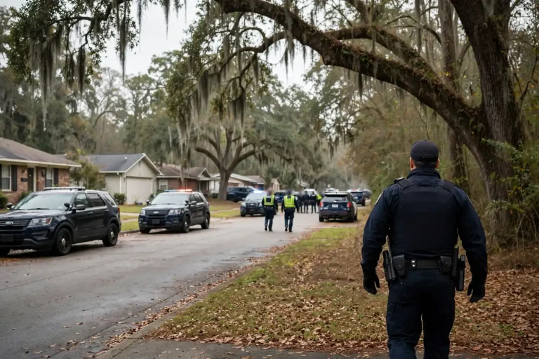 Police and volunteers searching a residential street at dusk with patrol cars and flashlights